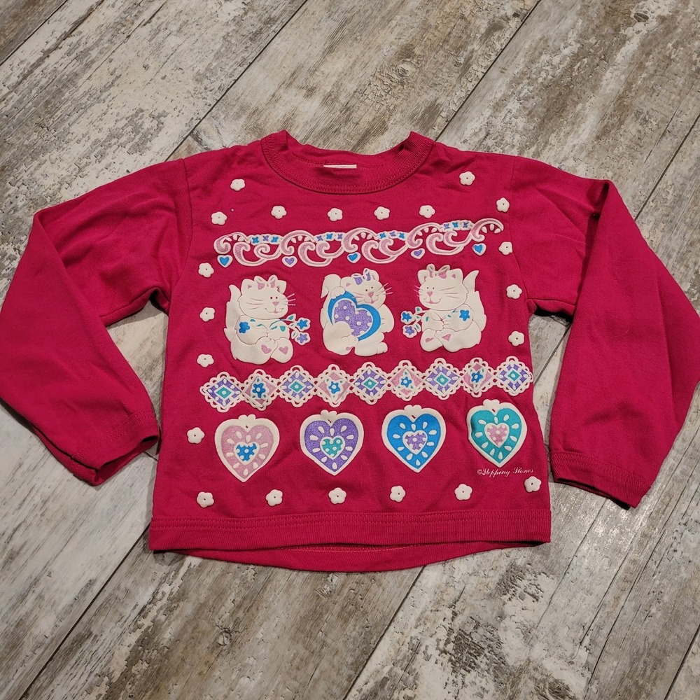 Vtg 90s Stepping Stones Puffy‎ Paint Cat Hearts Girl Crewneck Sweatshirt Large